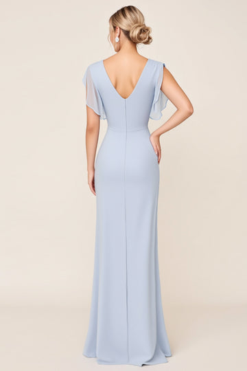 Light Blue Sheath Wrap V Neck Chiffon Long Bridesmaid Dress